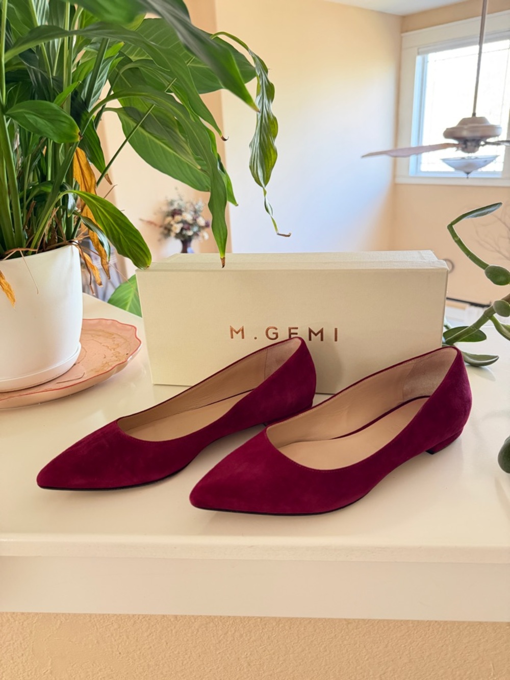 M. Gemi Pointed Suede Flats in Burgundy, size 8
